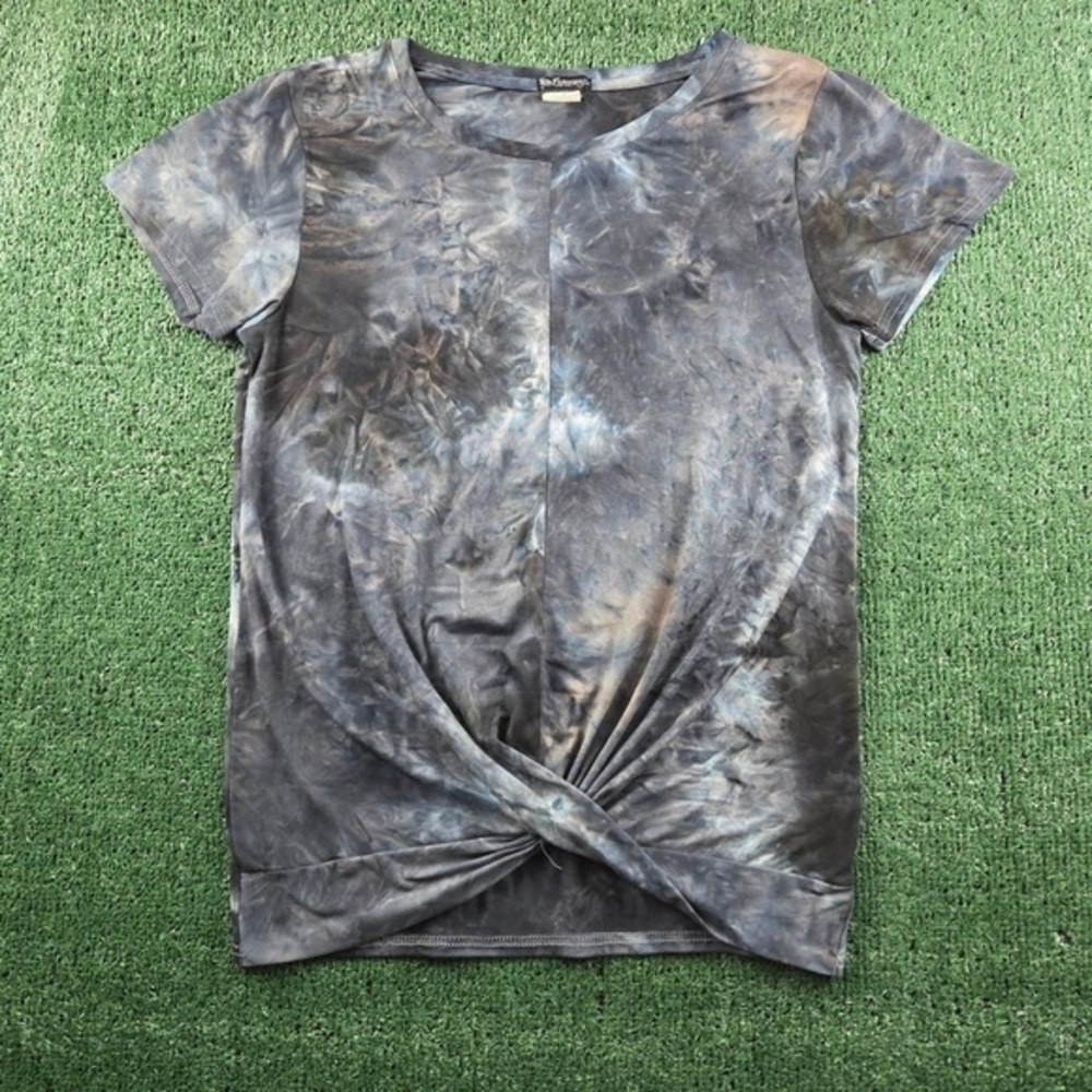 Top Fashion of NY Womens Tie Dye‎ Twist Front Short Sleeve Crew Neck Grey Blue L